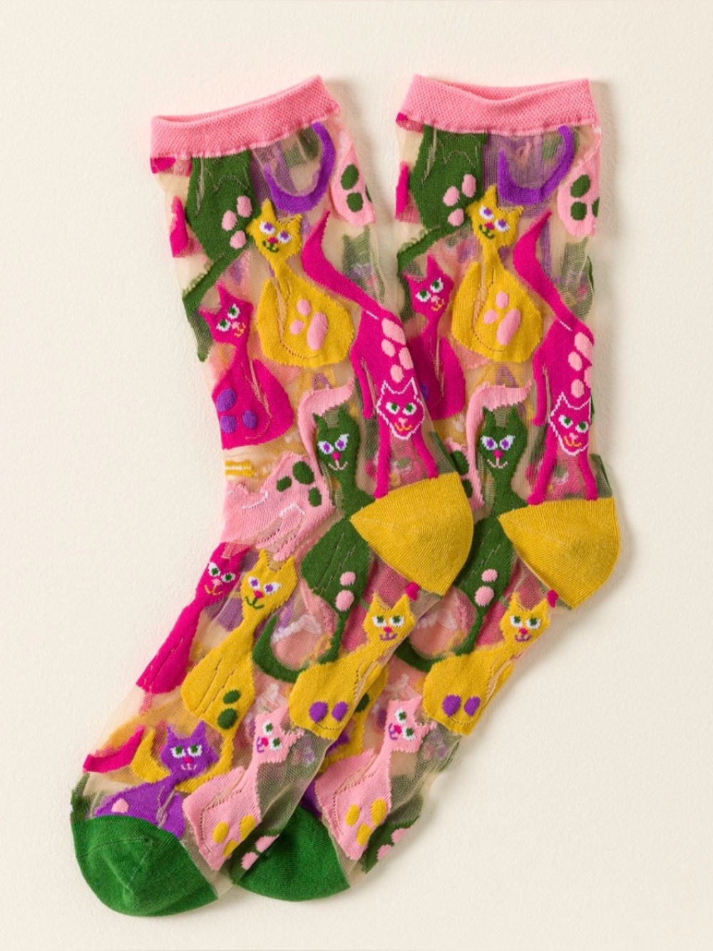 Sock Candy 'Dopamine Cats' Colorful Sheer Socks - NEW